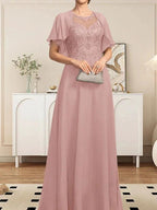 A-line Scoop Illusion Floor-Length Lace Chiffon Mother of the Bride Dress With Sequins by Dreamylily