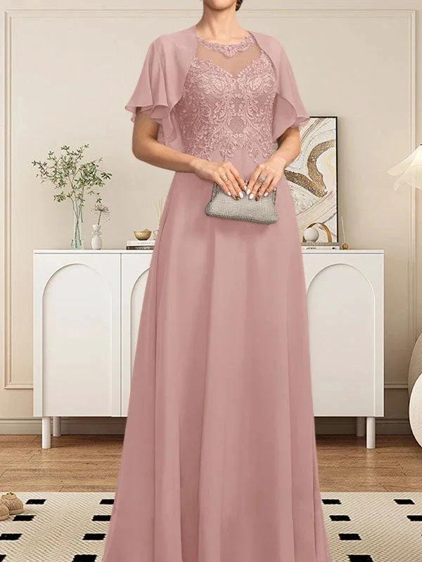 A-line Scoop Illusion Floor-Length Lace Chiffon Mother of the Bride Dress With Sequins by Dreamylily