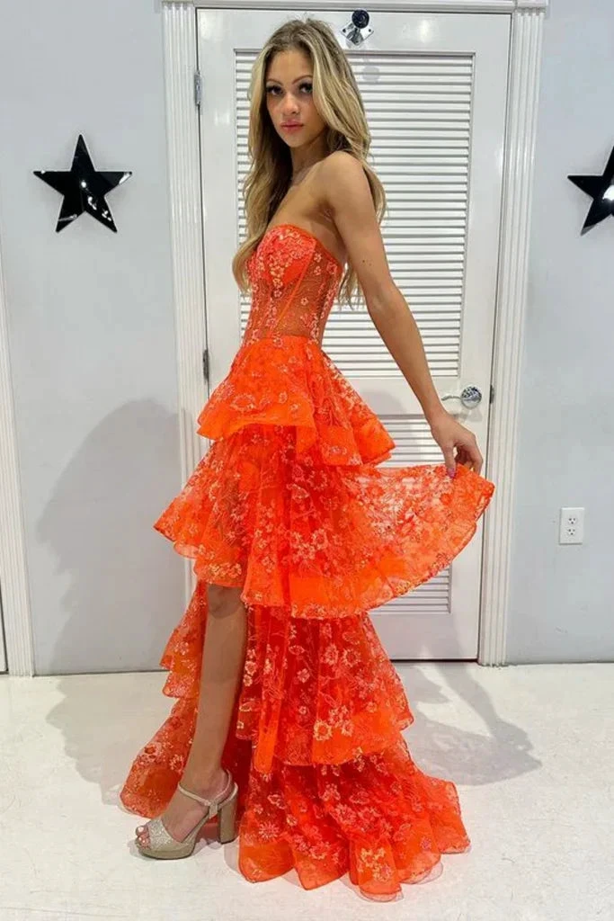 Chic Orange Strapless A-Line Lace Layered Appliques Prom Dress Slit Evening Dress Y7885 by simplepromdress