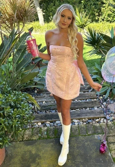 Sweet Pink Strapless Satin Print Homecoming Dress,Short Prom Dress With Bow Y7965 by simplepromdress