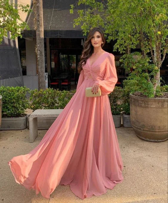 Women's Long Sleeve Country Bridesmaid Dress V Neck Chiffon Evening Dress Y7208 by simplepromdress