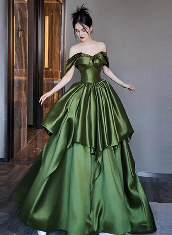 Hermoso vestido de fiesta formal con capas fruncidas, corte A, de satén verde, largo, vestido de noche Y7995