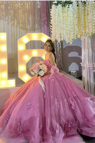 Vestido de quinceañera con hombros descubiertos y apliques de encaje, vestido de fiesta para dulces 15 Y4086