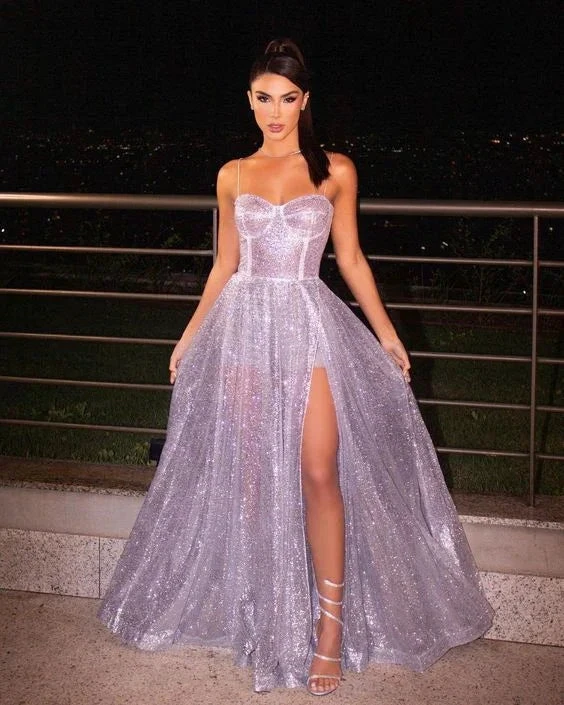 A-line Spaghetti Straps Unique Modest Elegant Sparkly Long Women Evening Dress Y5995 by simplepromdress