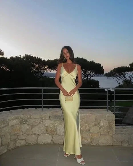 Sexy V Neck Yellow Satin Evening Dress Long Prom Dress Y7882 by simplepromdress