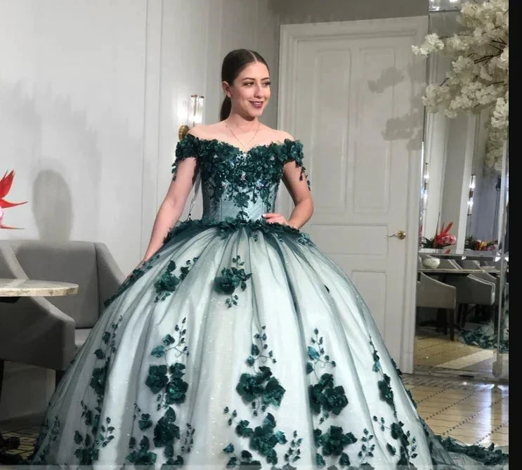 Off Shoulder Ball Gown with 3D Flowers Sweet Birthday Dresses 15 16 Quinceanera Dresses Y1475 by simplepromdress
