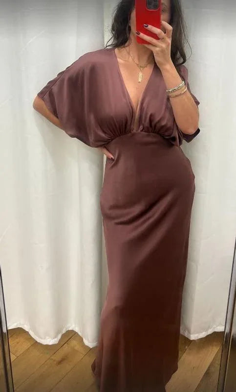 Deep-V Satin Brown Long Prom Dress Evening Dress Y8449 by simplepromdress