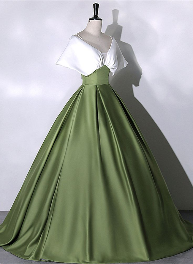 Green and White Satin Long Ball Gown Long Formal Dress Y7001 Main Image