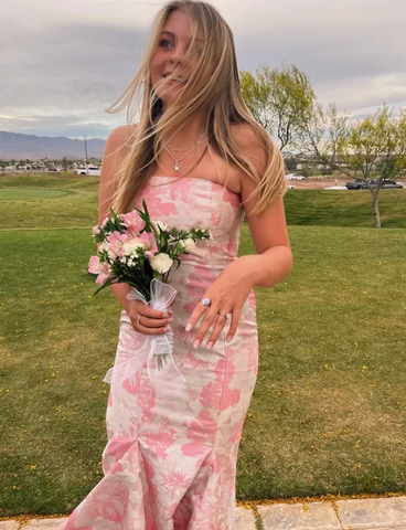 Sweet Pink Satin Print Floral Evening Dress Mermaid Prom Dress Y7828