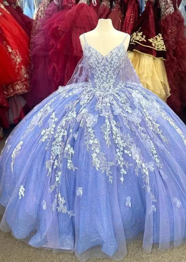 Purple Spaghetti Straps V Neck Ball Gown with Appliques,Sweet 16 Dress,Quinceanera Dress,Y2456 by simplepromdress