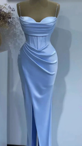 Elegant light blue satin evening dress on mannequin with draped bodice and high slit, ZAPDRESS