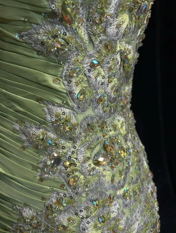 Vintage Green Mermaid Satin Beaded Sequin Evening Dress Spaghetti Strap Long Prom Dress Y8556
