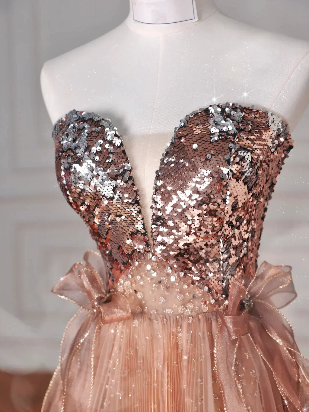 Vintage Rose Gold Strapless Tulle Sequins Beaded A Line Prom Dress Evening Dress Y8622 by simplepromdress