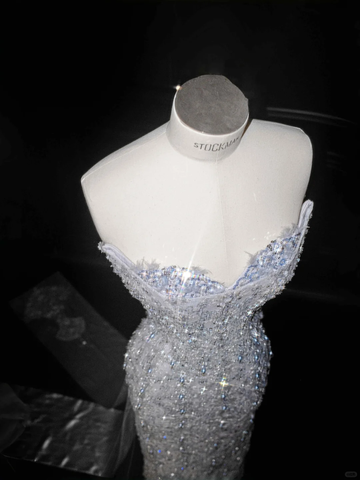 Glamorous Blue Strapless Sequins Beaded sheath Long Prom Dress Evening Dress Y8654