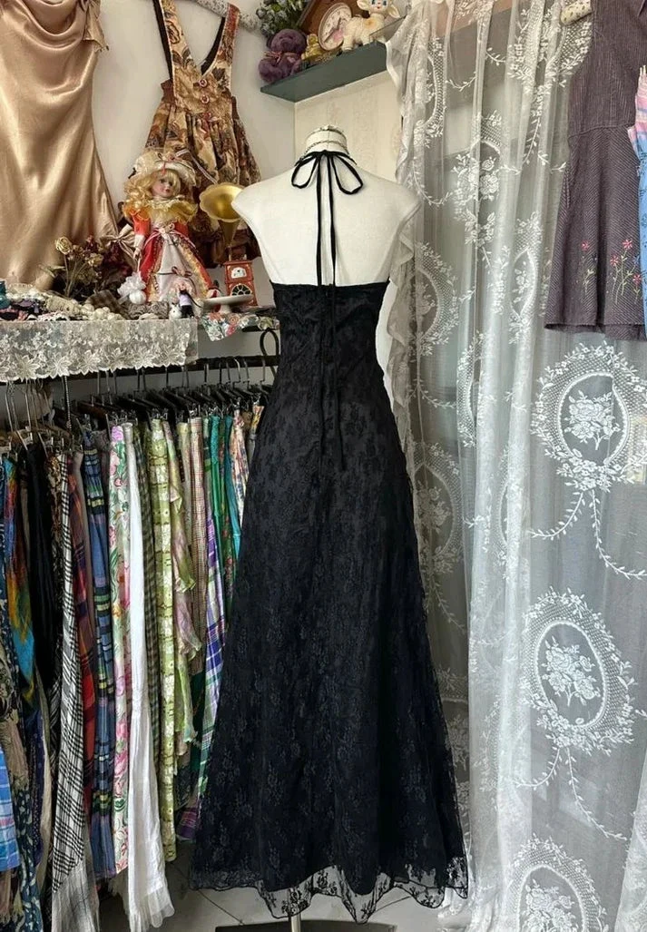 Vintage V Neck Black Chiffon Lace Evening Dress Long Prom Dress Y7813 by simplepromdress