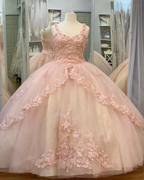 Quinceanera Sweet Tulle Ball Gown 16 Lace Pink Party Flower Sparkly Prom Dress Y3027 by simplepromdress