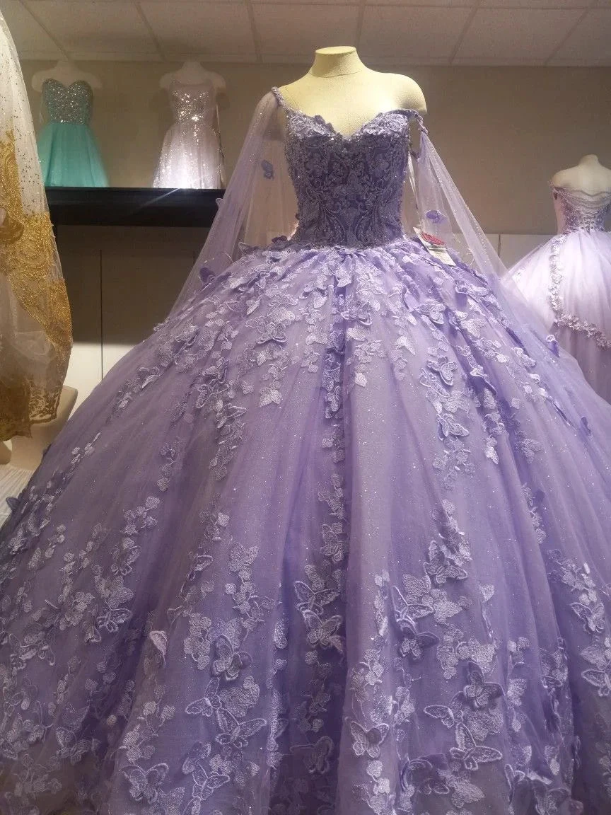 Puffy Ball Gown Quinceanera Dresses Purple with Butterflies Lace Tulle for Girls Sweet 15 16 Birthday Y5214 by simplepromdress