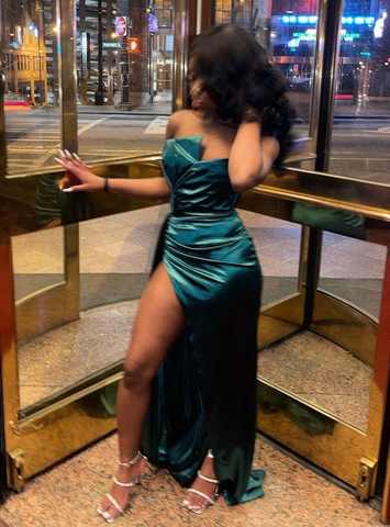 Elegante vestido de noche de satén verde, vestido de noche verde Y4102