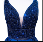 Women's Long Evening Dress Navy Blue V-Neck Sleeveless Open Back Beaded Formal Evening Dress Y1193 by simplepromdress
