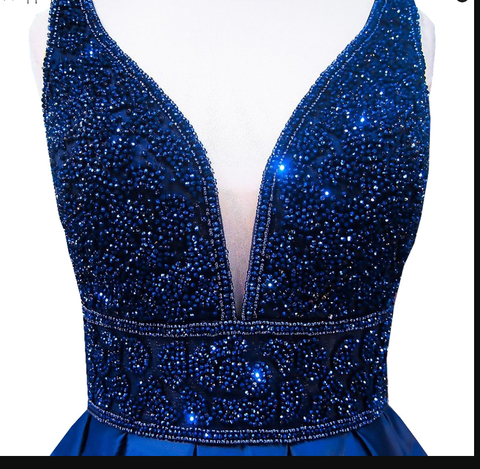 Women's Long Evening Dress Navy Blue V-Neck Sleeveless Open Back Beaded Formal Evening Dress Y1193