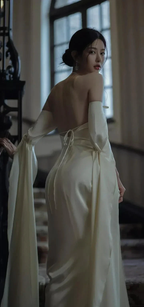 Sexy Backless Long Prom Dress White Satin Long Sleeves Evening Gown Y2080 by simplepromdress