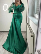 Dark Green Mermaid V Neck Satin Evening Dress Long Sleeves Y6109 by simplepromdress