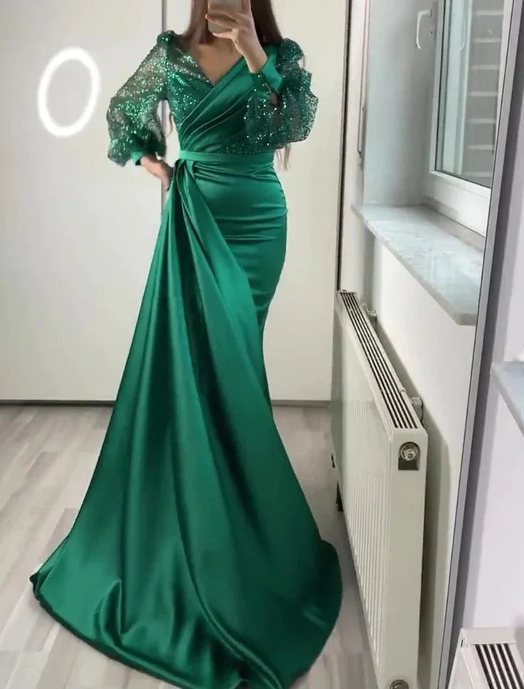 Dark Green Mermaid V Neck Satin Evening Dress Long Sleeves Y6109 by simplepromdress