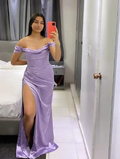 Simple Lilac Off The Shoulder Satin Evening Dress Slit Mermaid Prom Dress Y8309 by simplepromdress