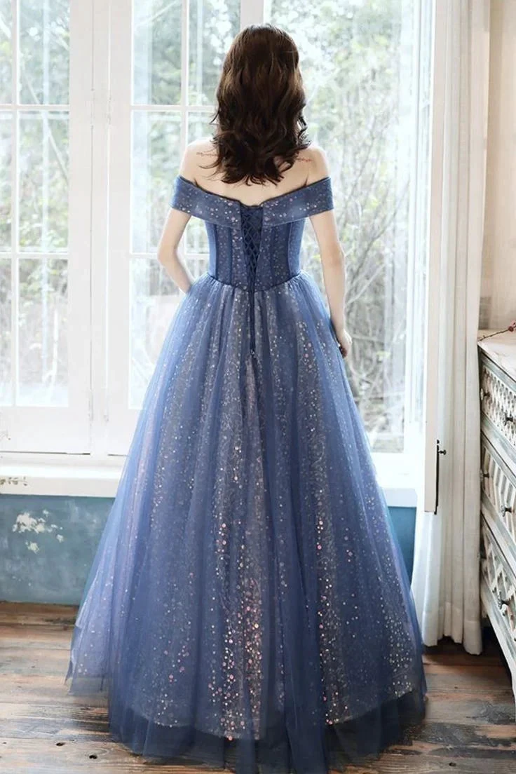 Blue Tulle Sequins Long Ball Gown Dress Formal Dress Y4907 by simplepromdress