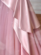 Elegant Feathers Neck Strapless Tulle Satin Ball Gown Pink A Line Prom Evening Dress Y8629 by simplepromdress