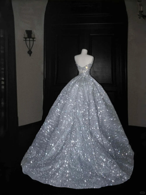 Glitter Strapless Blue Tulle Sequins A Line Prom Dress Evening Dress,Formal Wedding Dress Y8676