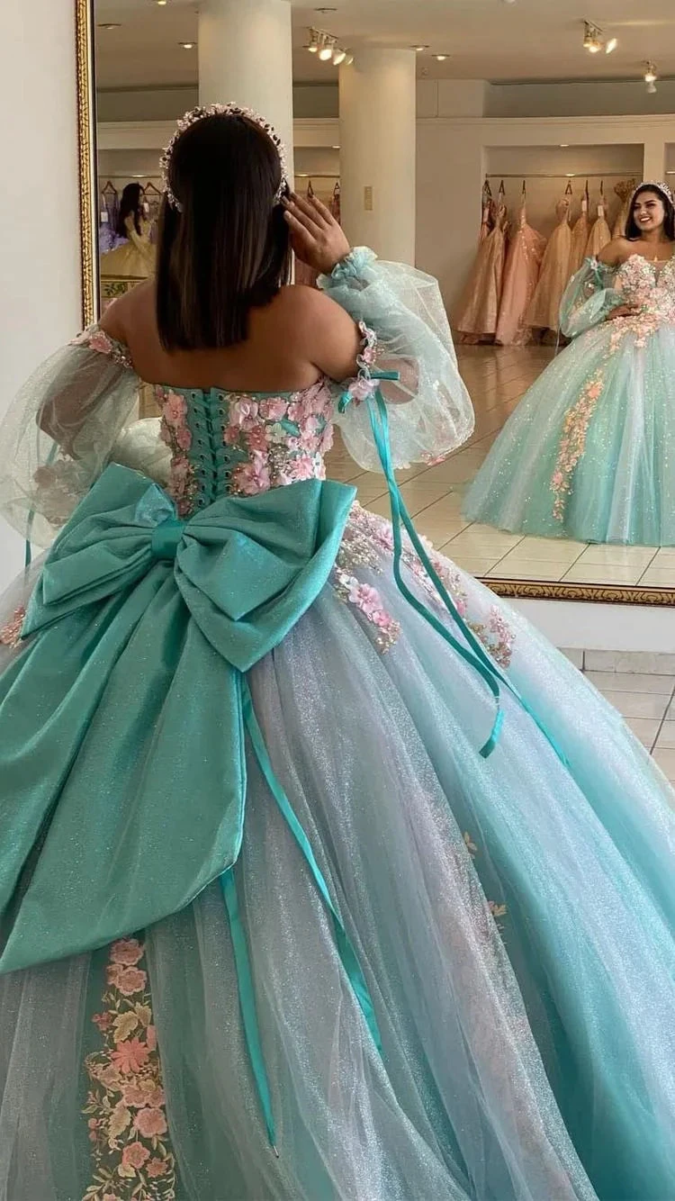 Ice Blue Quinceanera Dress with 3D Flowers Chic Ball Gown Y2990 by simplepromdress