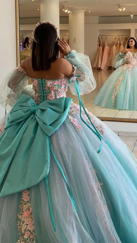 Eisblaues Quinceanera-Kleid mit 3D-Blumen, schickes Ballkleid Y2990