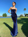 Vintage Spaghetti Straps Navy Blue Velvet Long Mermaid Prom Dress Evening Dress Y7829 by simplepromdress