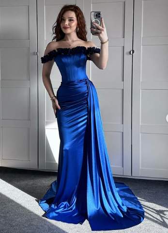 Vestido de noche azul de corte sirena con hombros descubiertos, vestido formal de fiesta Y7842