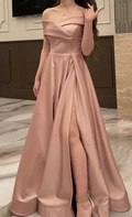 Elegant off-shoulder blush evening gown with front slit, ZAPDRESS formal dress fashion