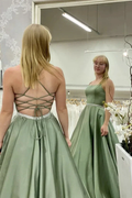 A Line Backless Green Satin Long Prom Dress, Backless Green Formal Graduation Evening Dress Y221 by simplepromdress