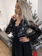 Long Sleeves V Neck Black Lace Prom Dresses, Long Sleeves Black Lace Formal Evening Dresses Y235