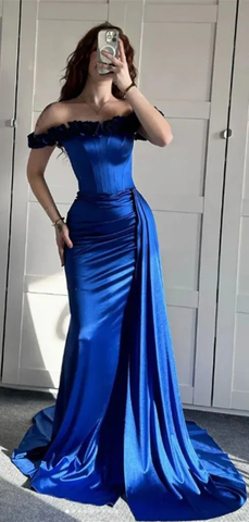 Vestido de noche azul de corte sirena con hombros descubiertos, vestido formal de fiesta Y7842