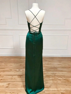 Emerald green satin evening dress with open lace-up back on mannequin, ZAPDRESS fashion