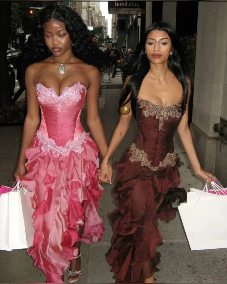 Vintage Hot Pink Lace Chiffon Ruffles Evening Dress Strapless Prom Dress Y8252 by simplepromdress