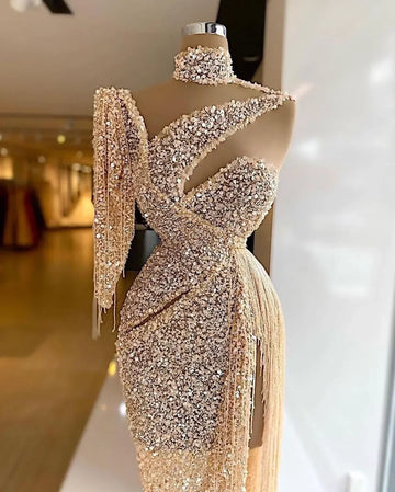 Sparkly Sequin Evening Dress Side Slit Prom Dress One Shoulder Tassels Custom Made Y6411 by simplepromdress