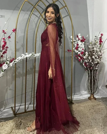 Pretty Burgundy One Shoulder Tulle Sequins Evening Gown Slit Prom Dress Y7826 by simplepromdress
