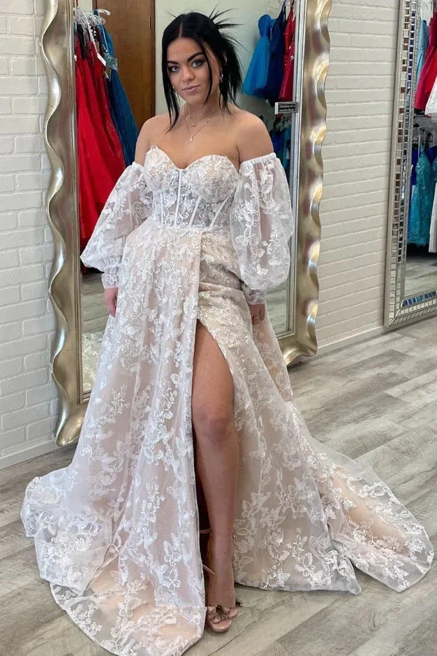 Sparkle Princess Bustier Puff Sleeve Lace Long Prom Dress Detachable Sleeves Evening Dress Y1805 by simplepromdress