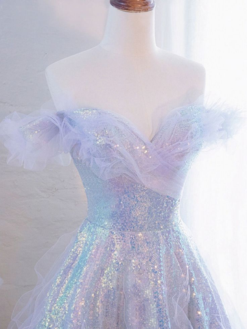 Purple Off Shoulder Sequin Tulle Long Prom Dress Formal Evening Dresses Y5864