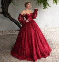 Dark Red Lace Beaded Prom Dresses Off The Shoulder Long Sleeves Formal Dress Floor Length A Line Plus Size Evening Gowns Y766 by simplepromdress