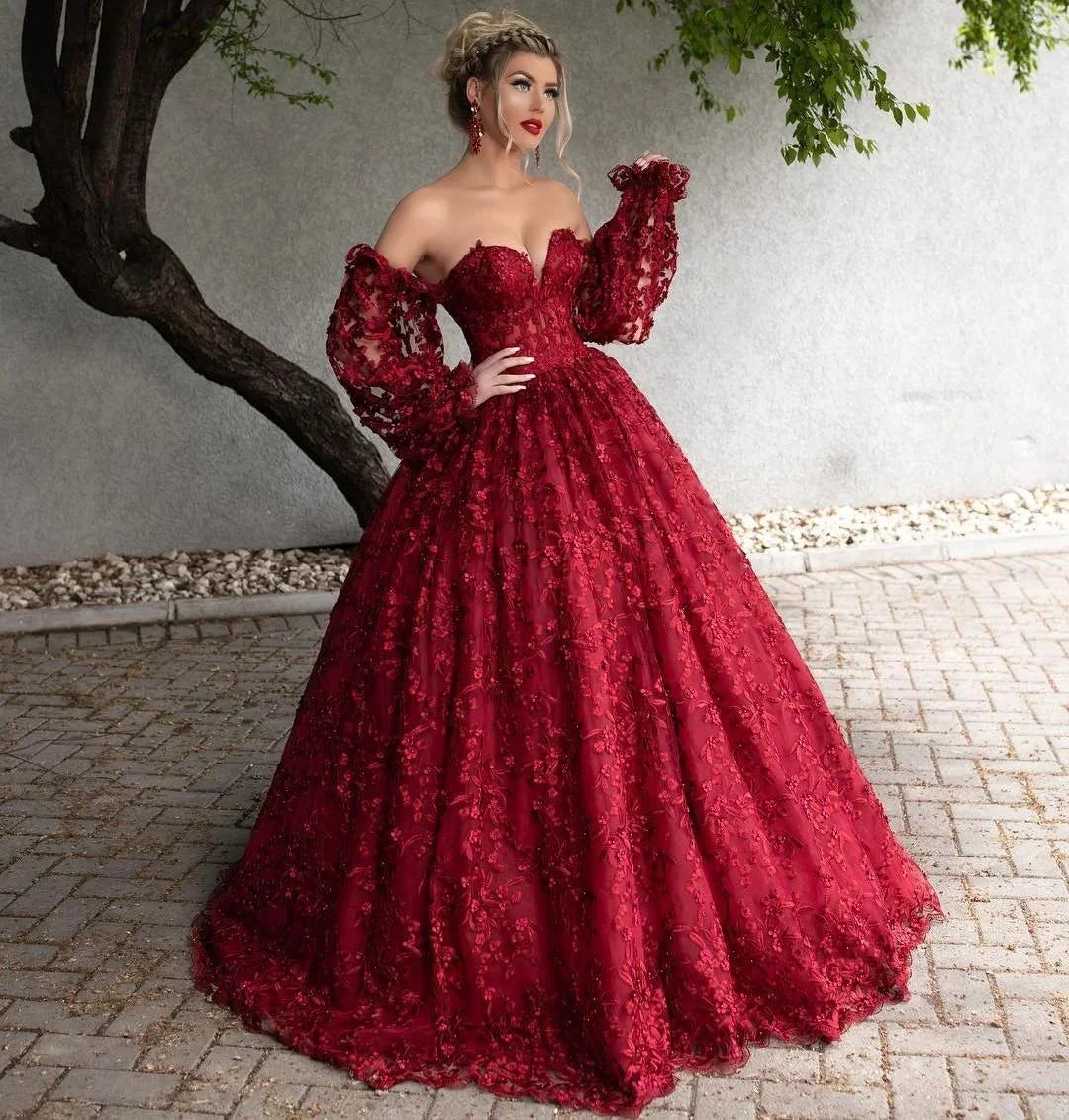 Dark Red Lace Beaded Prom Dresses Off The Shoulder Long Sleeves Formal Dress Floor Length A Line Plus Size Evening Gowns Y766 by simplepromdress