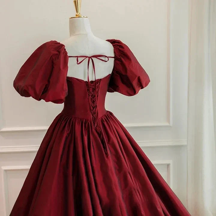 Burgundy Short Sleeves Floor Length Long Evening Dresses Y1031 by simplepromdress