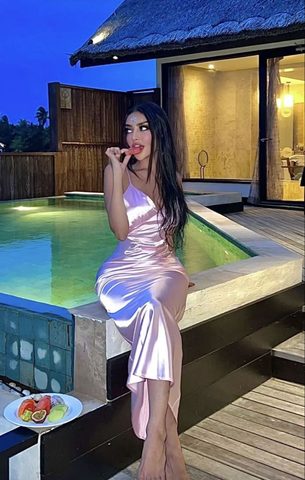 Elegante vestido de noche rosa con tirantes finos y escote en V, vestido de noche rosa Y5663
