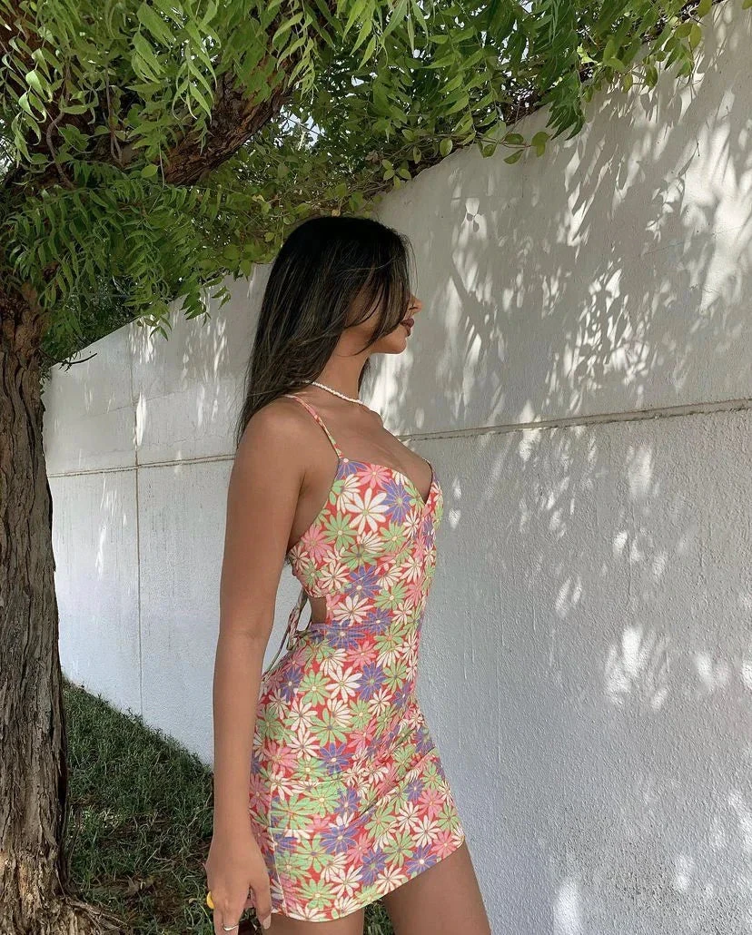 Floral Print Spaghetti Straps Mini Homecoming Dress Y2688 by simplepromdress